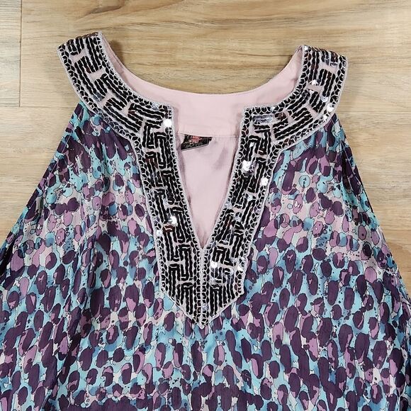 🔹️Free People Purple & Blue w/Sequined Neck Sleeveless Tunic Top Medium - Picture 3 of 10